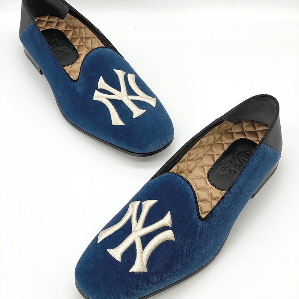 Gucci Blue Velvet New York Yankees Loafers Shoes - Picture 2 of 10